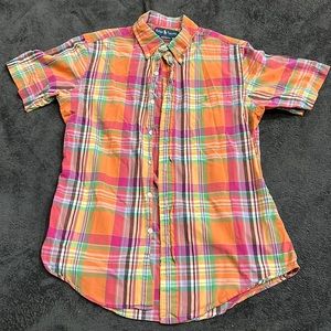 Ralph Lauren short sleeved button up. Fun orange, pink, and green colors! Size M